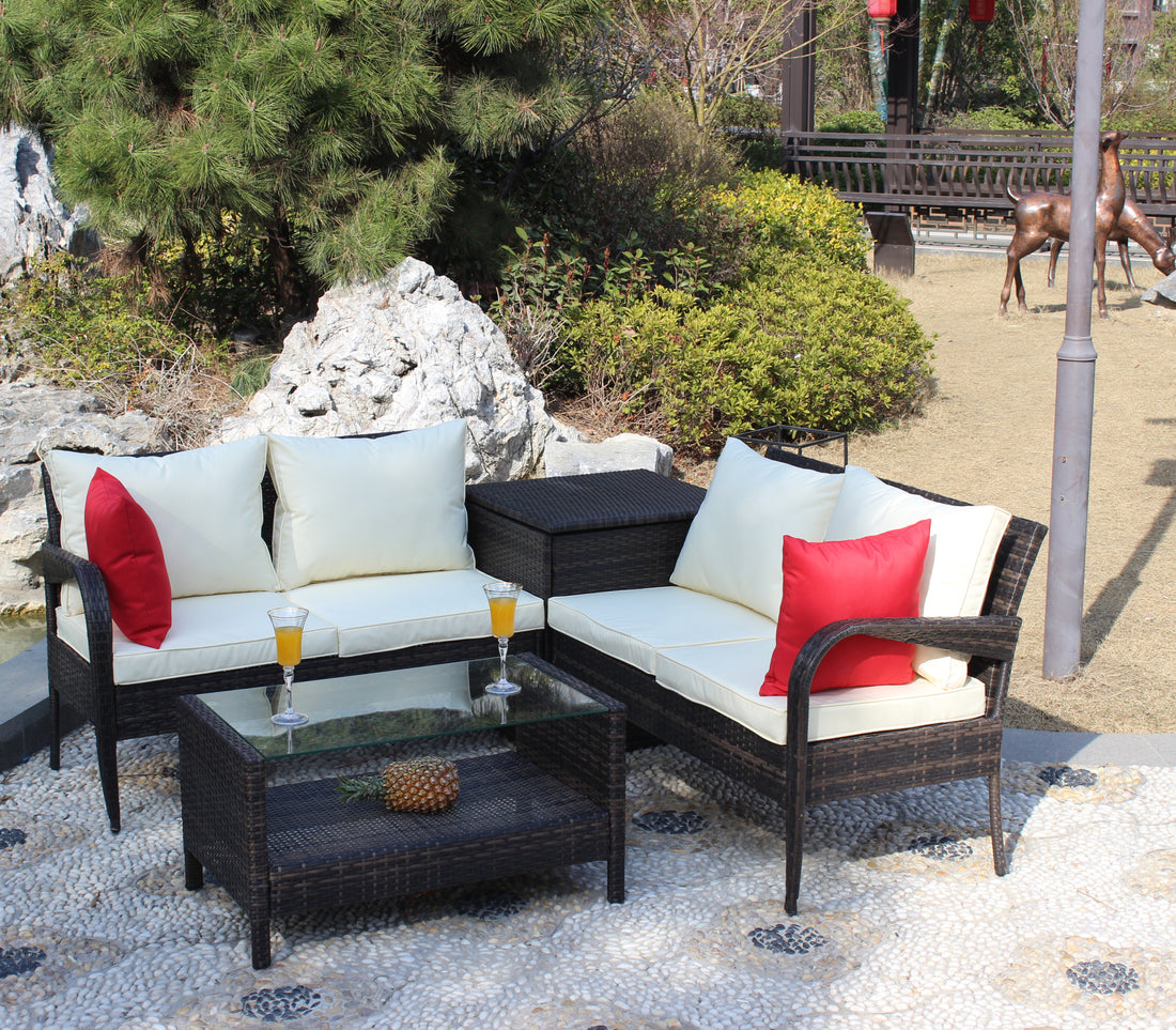 4 Piece Patio Sectional Wicker Rattan Outdoor Furniture Sofa Set With Storage Box Brown Brown Iron