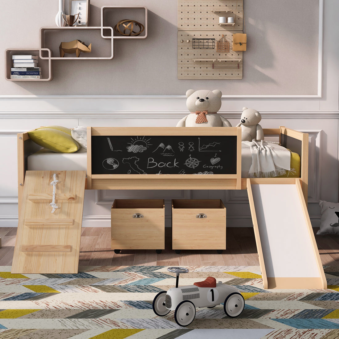 Twin Size Loft Bed Wood Bed With Two Storage Boxes Natrual Old Sku: Lp000075Aam Natural Solid Wood