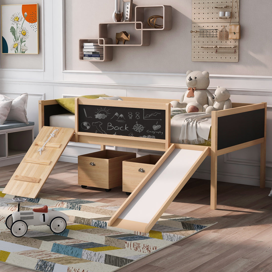 Twin Size Loft Bed Wood Bed With Two Storage Boxes Natrual Old Sku: Lp000075Aam Natural Solid Wood