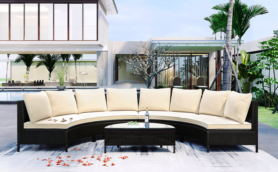 5 Pieces All Weather Brown Pe Rattan Wicker Sofa Set Outdoor Patio Sectional Furniture Set Half Moon Sofa Set With Tempered Glass Table, Beige Yes Complete Patio Set Beige Water Resistant Frame Water Resistant Cushion Garden & Outdoor Casual Sofa Seating