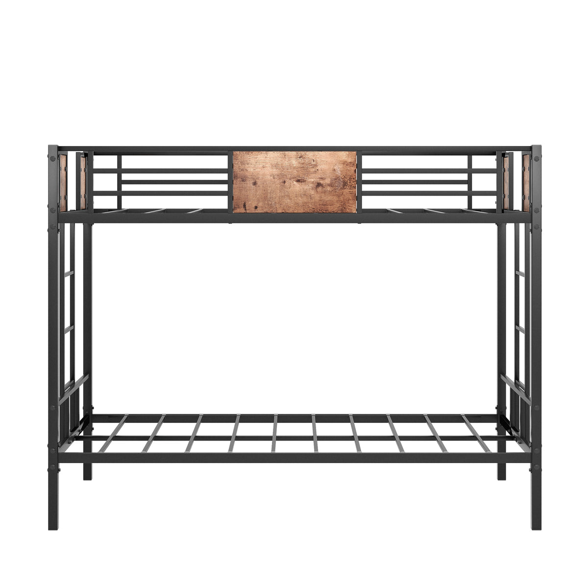 Twin Over Twin Size Metal Bunk Bed Black Box Spring Not Required Twin Black Metal Brown Bedroom Bed Frame Mdf Steel
