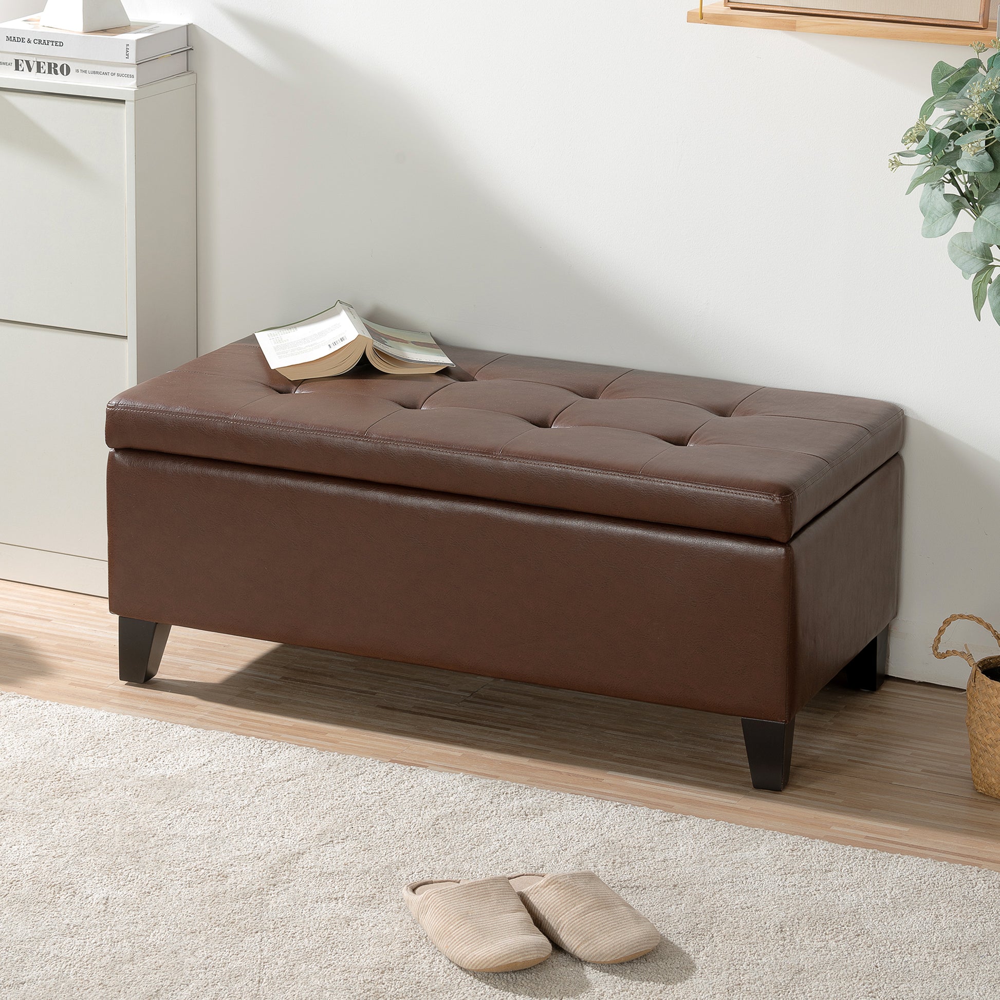 Storage Ottoman With Wooden Legs, Faux Leather Ottoman With Storage For Living Room, Bedroom & Hallway, Ottoman Foot Rest, 38.4" Brown Ottoman Brown Pu Pu Pu