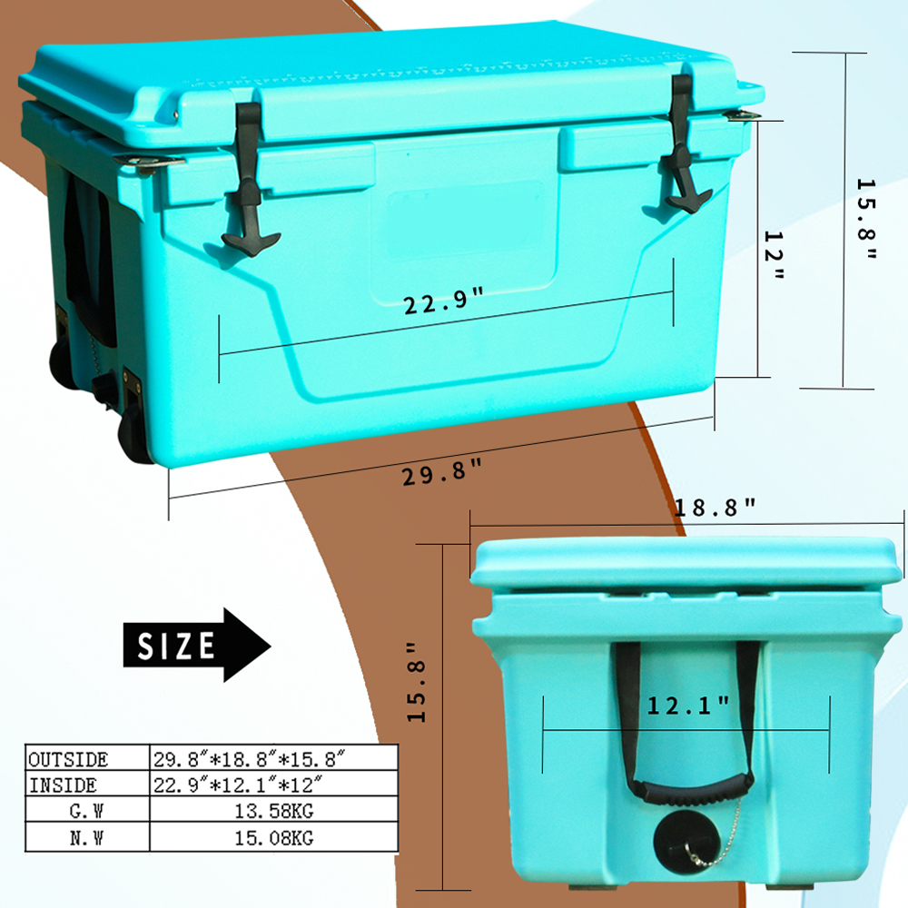 Hot Selling Blue Color 65Qt Outdoor Cooler Fish Ice Chest Box 2022 Popular Camping Cooler Box Blue Abs Plastic