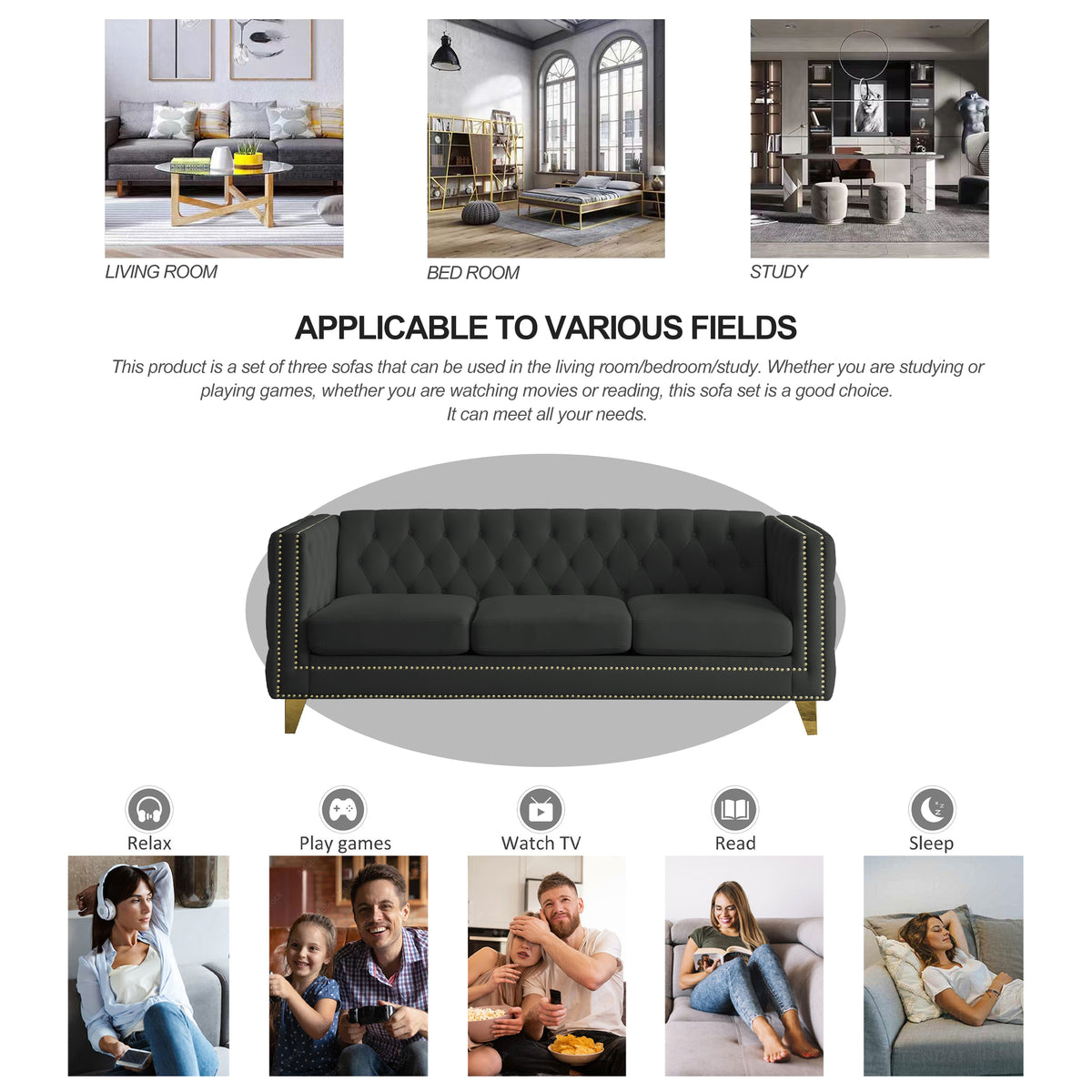 Contact Us For 3D Modeling Velvet Sofa For Living Room,Buttons Tufted Square Arm Couch, Modern Couch Upholstered Button And Metal Legs, Sofa Couch For Bedroom, Black Velvet ,2Pcs Black Foam Velvet