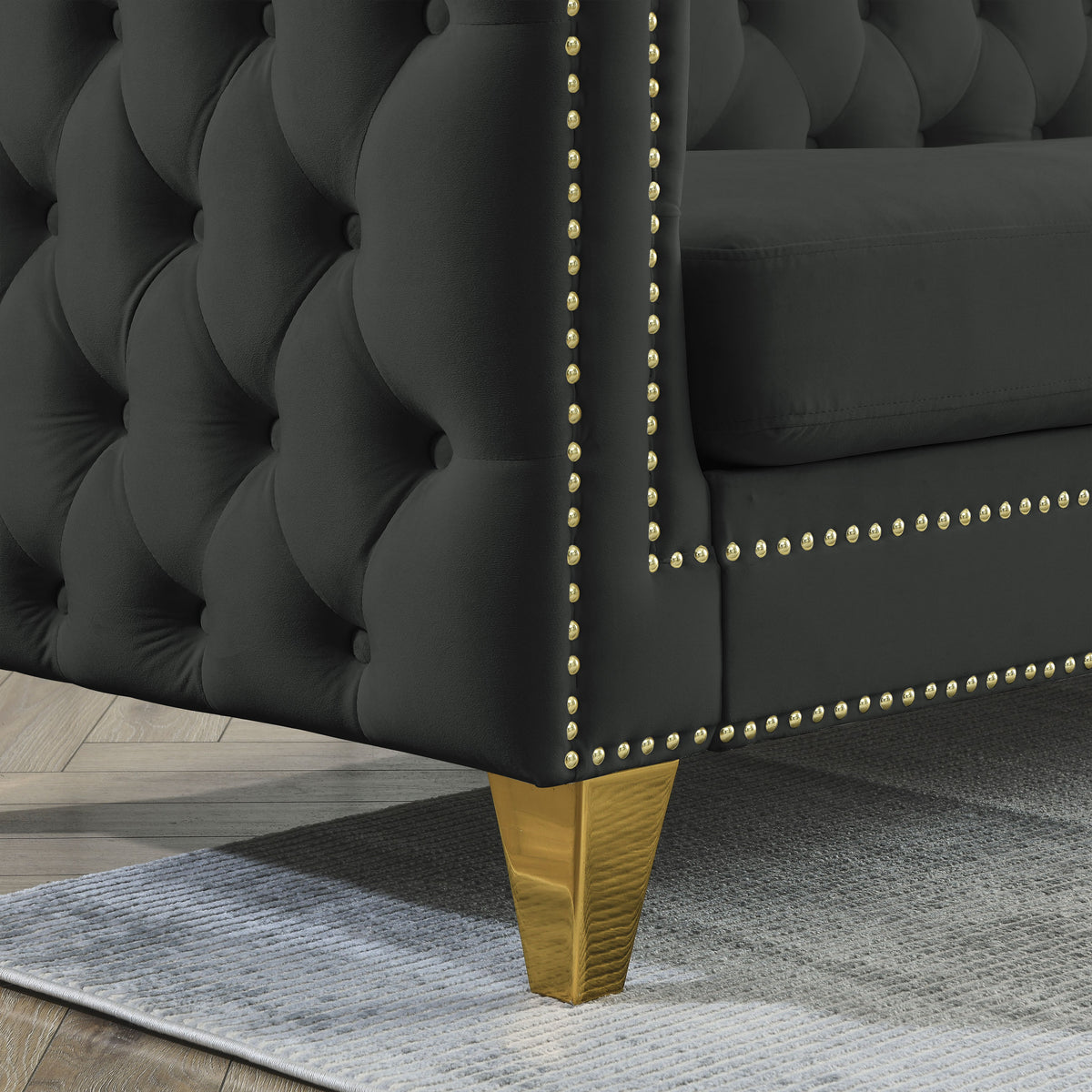 Contact Us For 3D Modeling Velvet Sofa For Living Room,Buttons Tufted Square Arm Couch, Modern Couch Upholstered Button And Metal Legs, Sofa Couch For Bedroom, Black Velvet ,2Pcs Black Foam Velvet