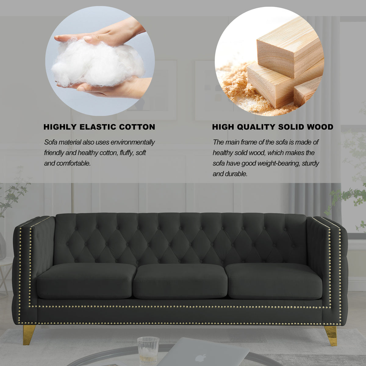 Contact Us For 3D Modeling Velvet Sofa For Living Room,Buttons Tufted Square Arm Couch, Modern Couch Upholstered Button And Metal Legs, Sofa Couch For Bedroom, Black Velvet ,2Pcs Black Foam Velvet