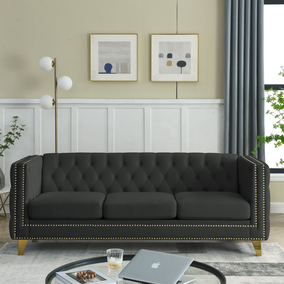 Contact Us For 3D Modeling Velvet Sofa For Living Room,Buttons Tufted Square Arm Couch, Modern Couch Upholstered Button And Metal Legs, Sofa Couch For Bedroom, Black Velvet ,2Pcs Black Foam Velvet