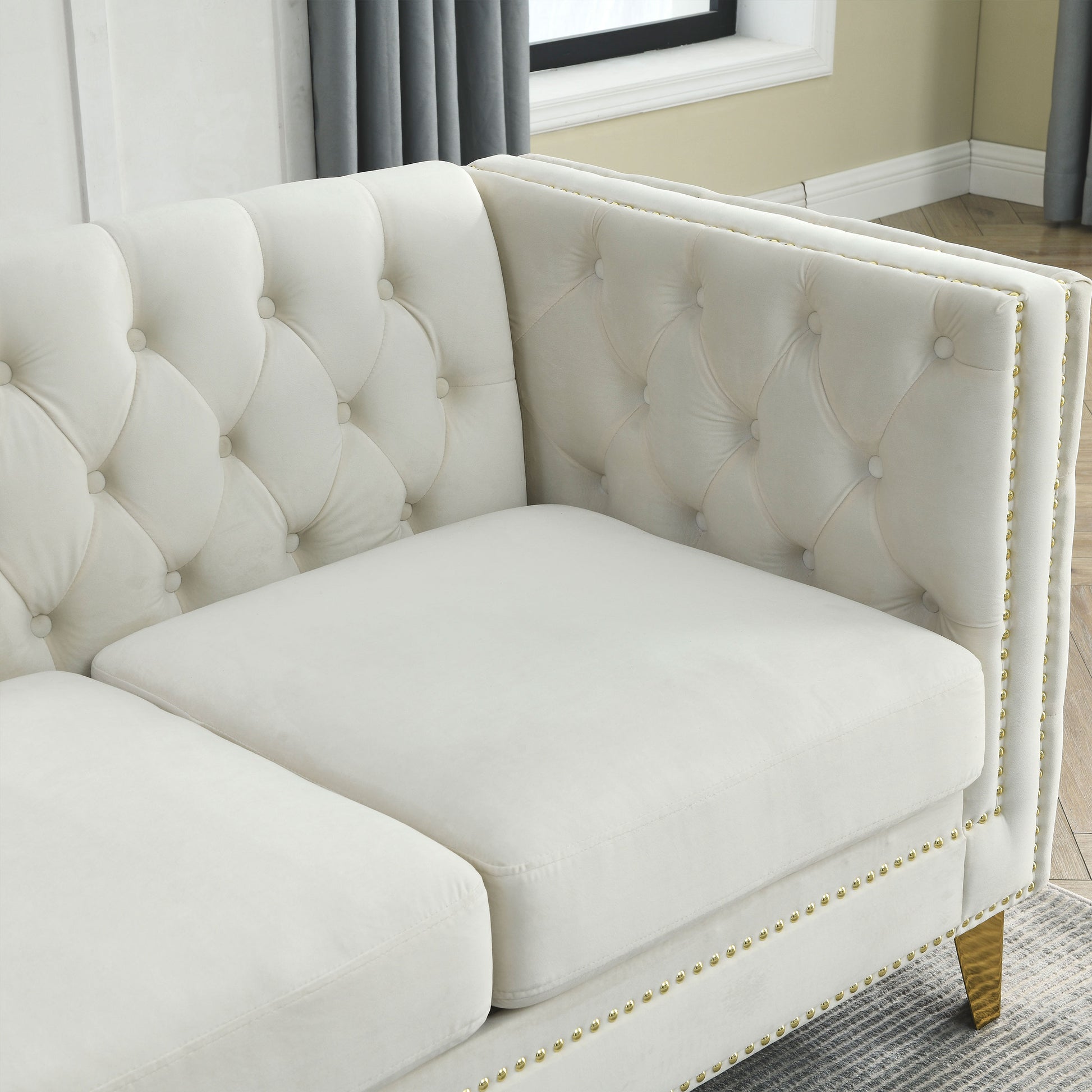 Contact Us For 3D Modeling Velvet Sofa For Living Room,Buttons Tufted Square Arm Couch, Modern Couch Upholstered Button And Metal Legs, Sofa Couch For Bedroom, Beige Velvet ,2Pcs Beige Foam Velvet