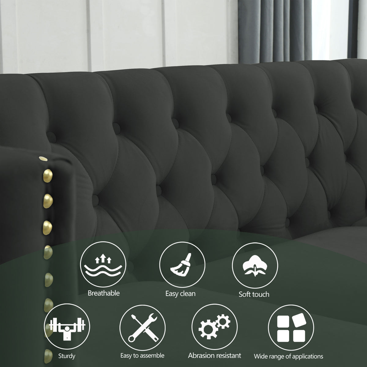 Contact Us For 3D Modeling Velvet Sofa For Living Room,Buttons Tufted Square Arm Couch, Modern Couch Upholstered Button And Metal Legs, Sofa Couch For Bedroom, Black Velvet ,2Pcs Black Foam Velvet