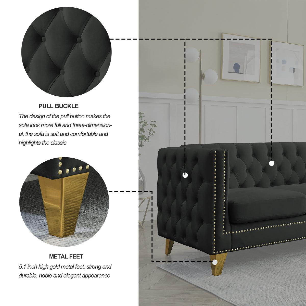 Contact Us For 3D Modeling Velvet Sofa For Living Room,Buttons Tufted Square Arm Couch, Modern Couch Upholstered Button And Metal Legs, Sofa Couch For Bedroom, Black Velvet ,2Pcs Black Foam Velvet