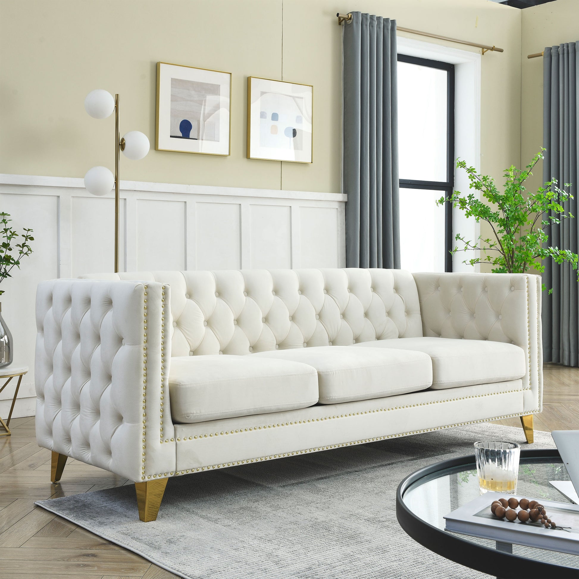 Contact Us For 3D Modeling Velvet Sofa For Living Room,Buttons Tufted Square Arm Couch, Modern Couch Upholstered Button And Metal Legs, Sofa Couch For Bedroom, Beige Velvet ,2Pcs Beige Foam Velvet