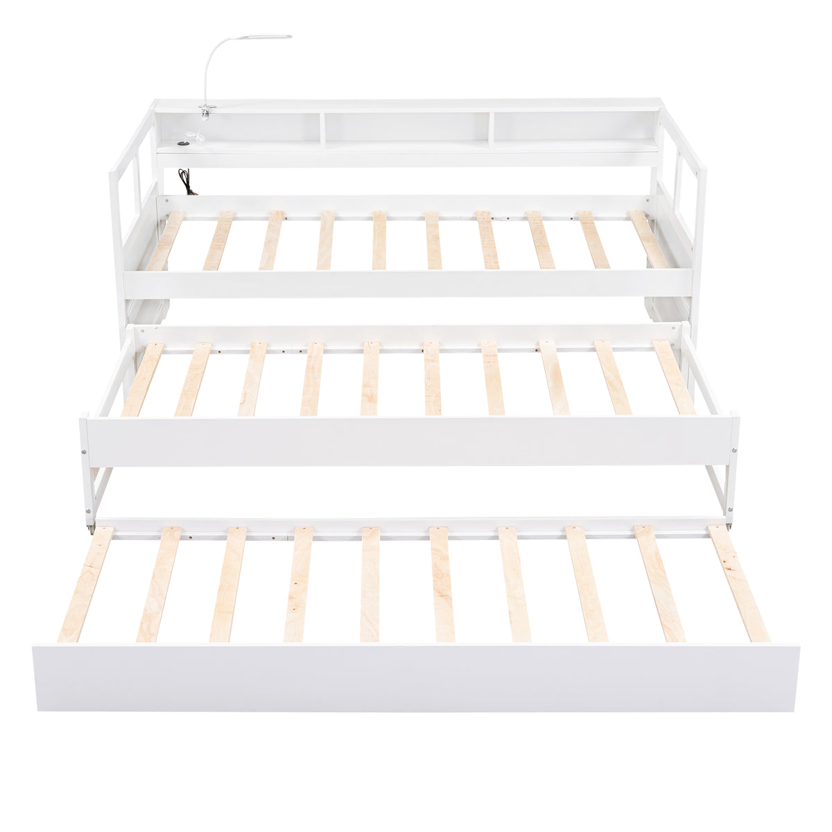 Twin Xl Wood Daybed With 2 Trundles, 3 Storage Cubbies, 1 Light And Usb Charging Design, White Gray Solid Wood