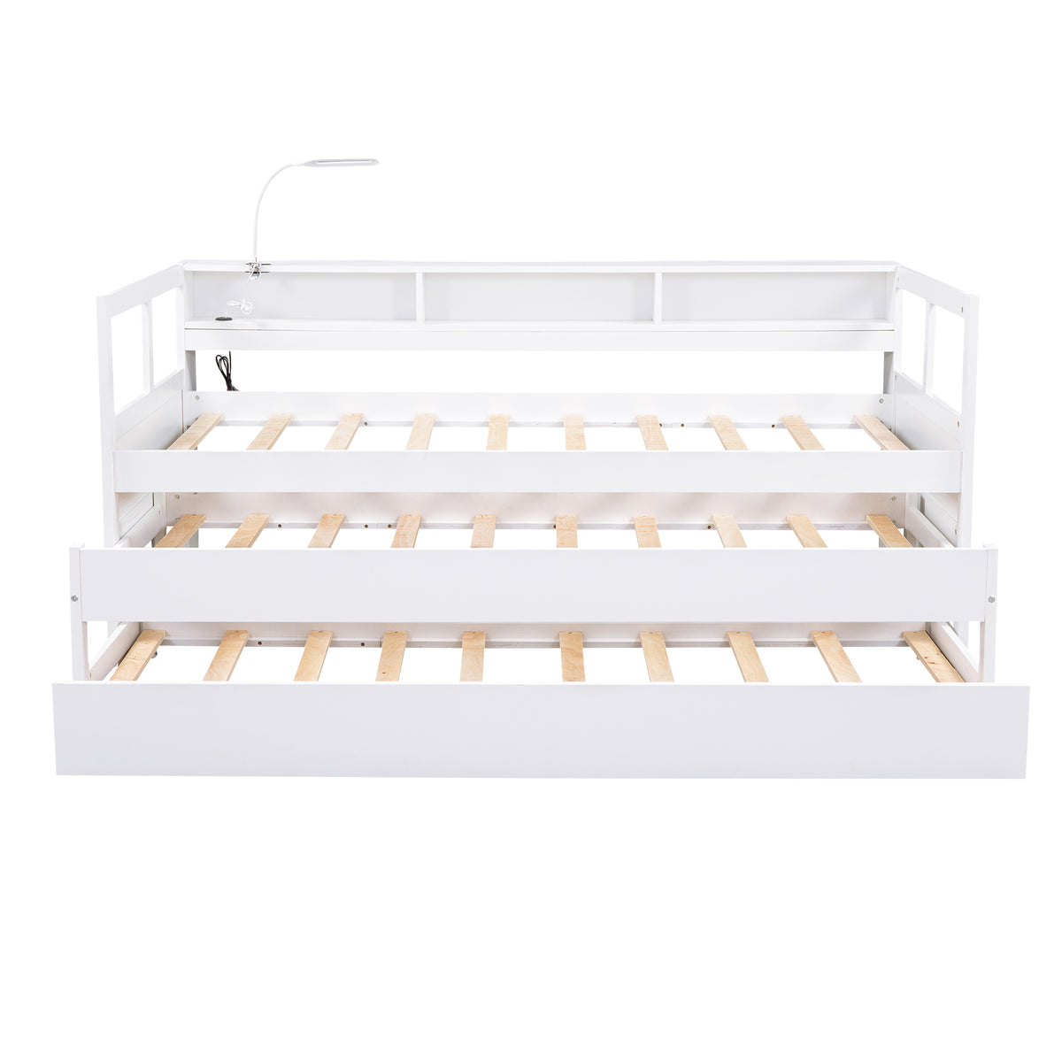 Twin Xl Wood Daybed With 2 Trundles, 3 Storage Cubbies, 1 Light And Usb Charging Design, White Gray Solid Wood