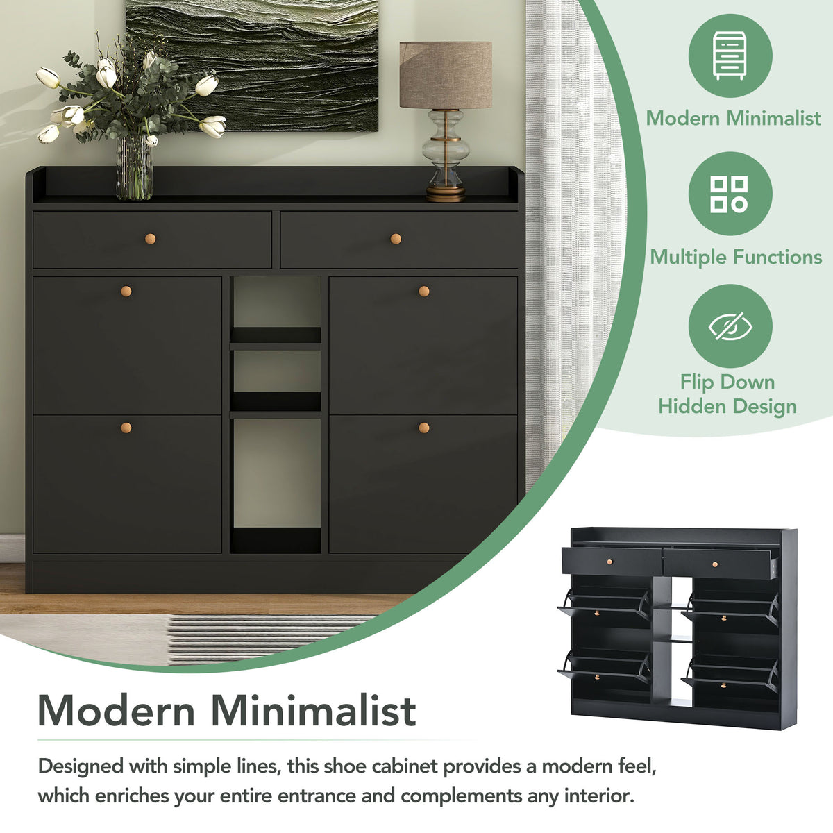 Modern Shoe Cabinet With 4 Flip Drawers, Multifunctional 2 Tier Shoe Storage Organizer With Drawers, Free Standing Shoe Rack For Entrance Hallway, Black. Black Particle Board