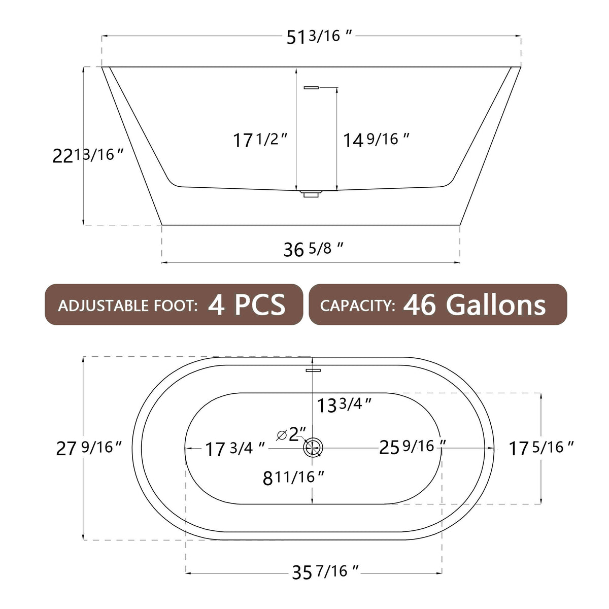 51" Acrylic Free Standing Tub Classic Oval Shape Soaking Tub, Adjustable Freestanding Bathtub With Integrated Slotted Overflow And Chrome Pop Up Drain Anti Clogging Gloss White Gloss White Oval Bathroom Freestanding Tubs Polished Less Than 59 In Modern