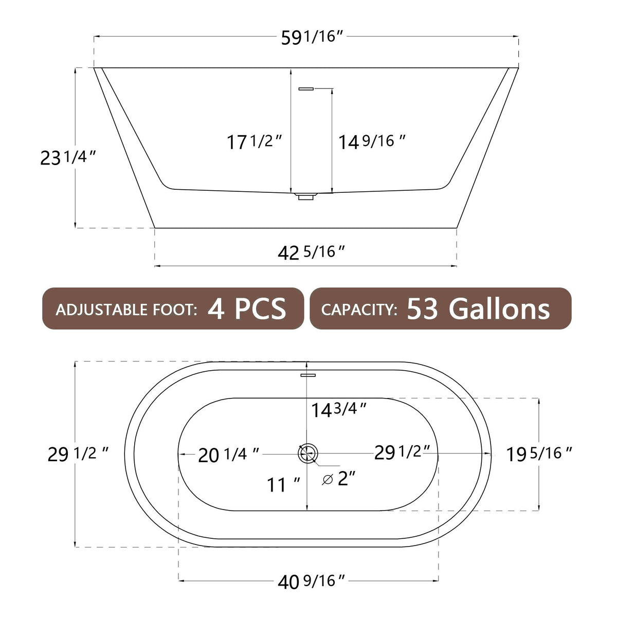 59" Acrylic Free Standing Tub Classic Oval Shape Soaking Tub, Adjustable Freestanding Bathtub With Integrated Slotted Overflow And Chrome Pop Up Drain Anti Clogging Gloss Black Black Oval Bathroom Freestanding Tubs Polished 59 61 In Modern Soaking Center