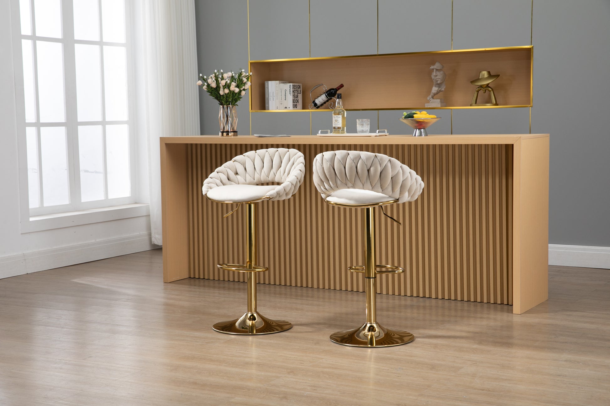 Coolmore Swivel Bar Stools Set Of 2 Adjustable Counter Height Chairs With Footrest For Kitchen, Dining Room 2Pc Set Ivory Polyester