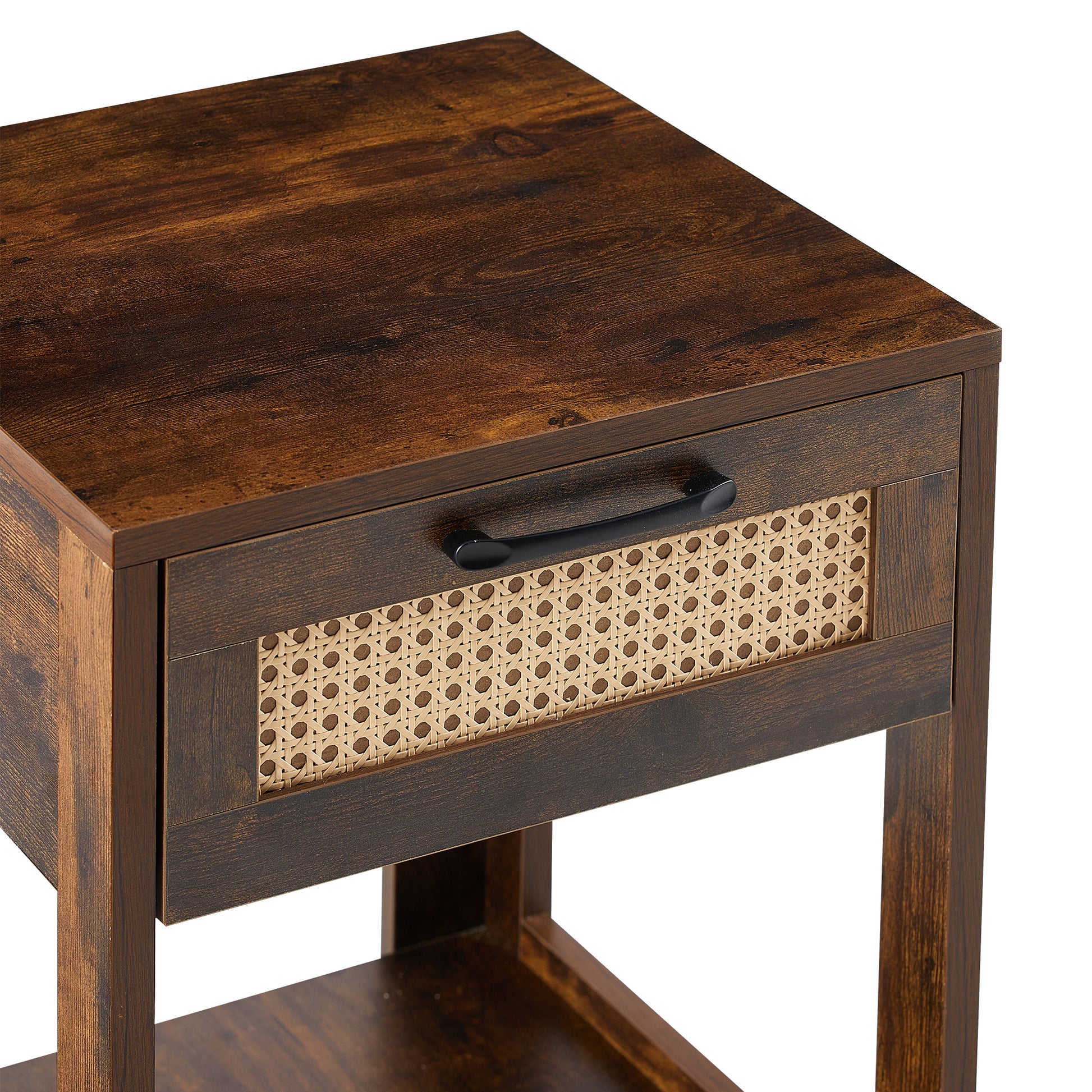 15.75" Rattan End Table With Drawer, Modern Nightstand, Side Table For Living Room, Bedroom,Rustic Brown Rustic Brown Mdf