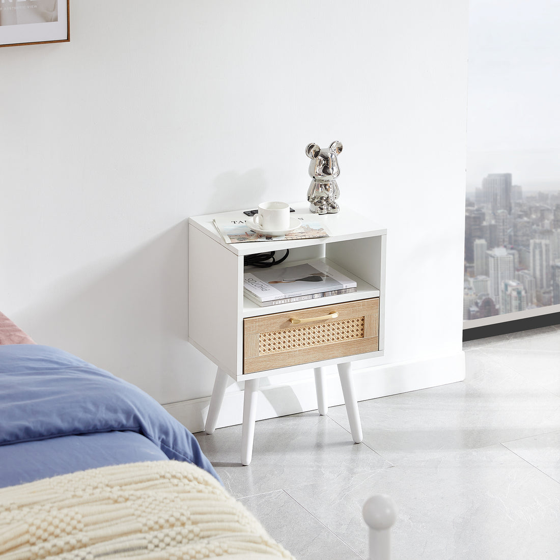 15.75" Rattan End Table With Power Outlet & Usb Portsmodern Nightstand With Drawer And Solid Wood Legs, Side Table For Living Room, Bedroom, White White Solid Wood Mdf
