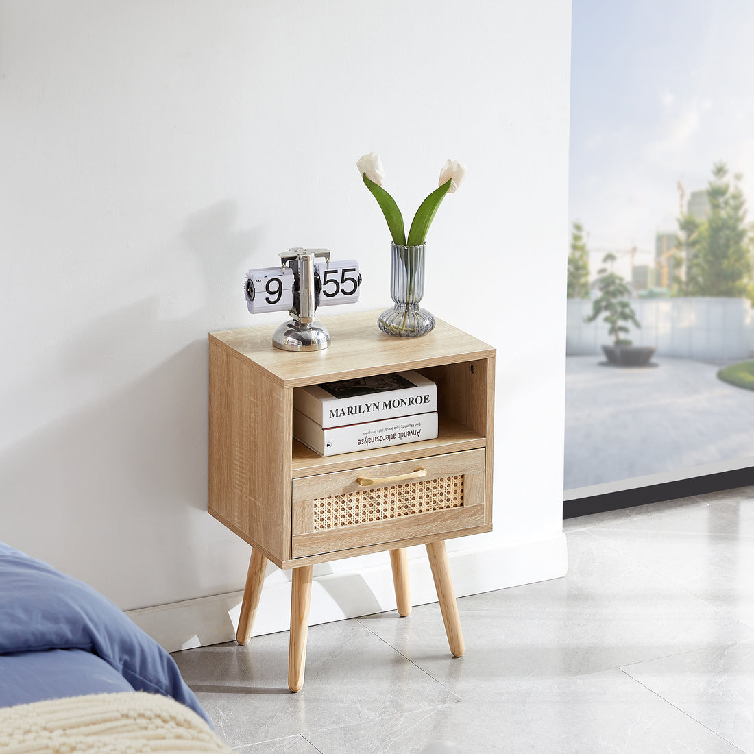 15.75" Rattan End Table With Drawer And Solid Wood Legs, Modern Nightstand, Side Table For Living Room, Bedroom,Natural Natural Solid Wood Mdf