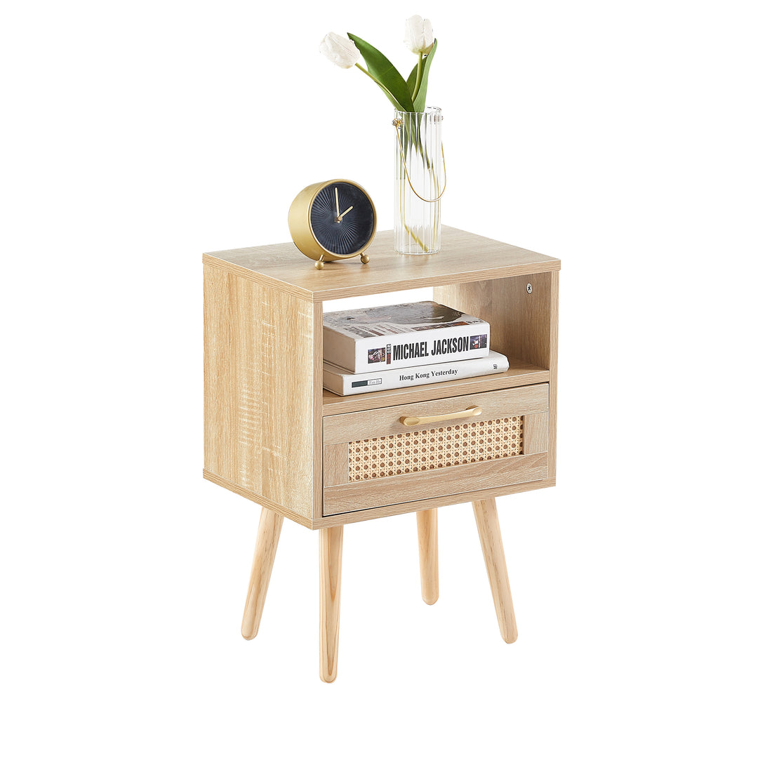 15.75" Rattan End Table With Drawer And Solid Wood Legs, Modern Nightstand, Side Table For Living Room, Bedroom,Natural Natural Solid Wood Mdf
