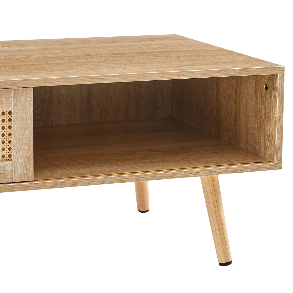 41.34" Rattan Coffee Table, Sliding Door For Storage, Solid Wood Legs, Modern Table For Living Roomnatural Natural Solid Wood Mdf