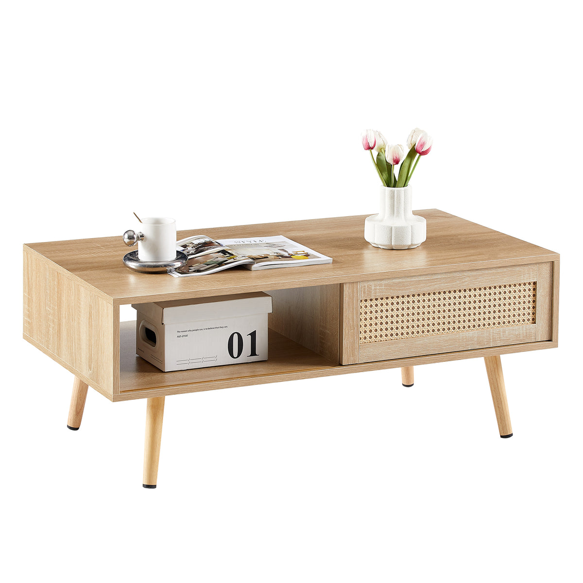 41.34" Rattan Coffee Table, Sliding Door For Storage, Solid Wood Legs, Modern Table For Living Roomnatural Natural Solid Wood Mdf