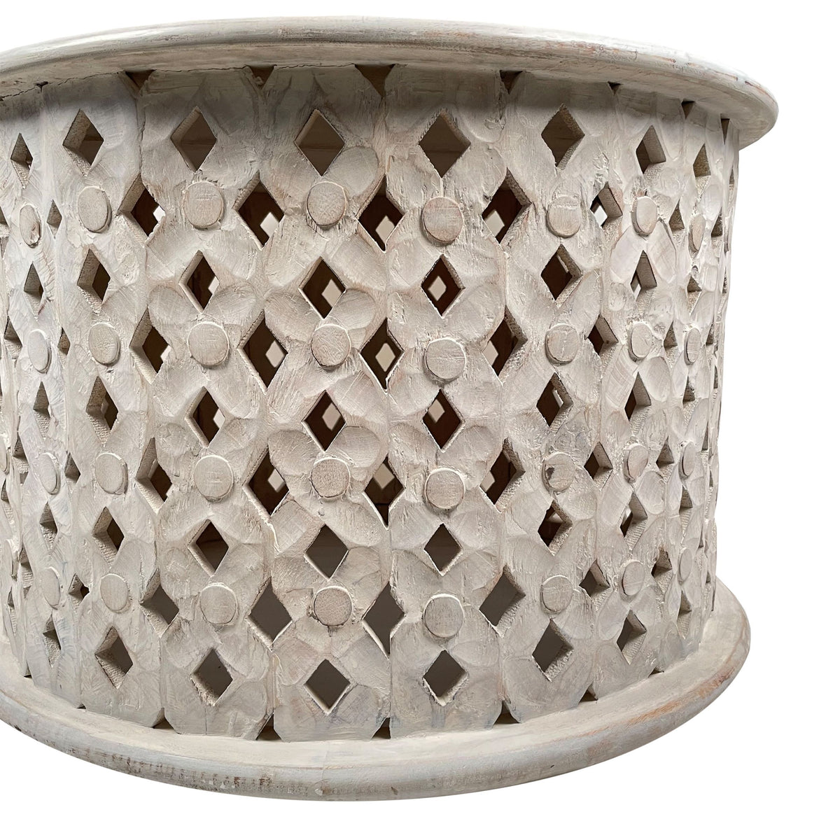 28 Inch Artisanal Round Mango Wood Coffee Table, Intricate Diamond Lattice Cut Out Frame, Washed White White Solid Wood