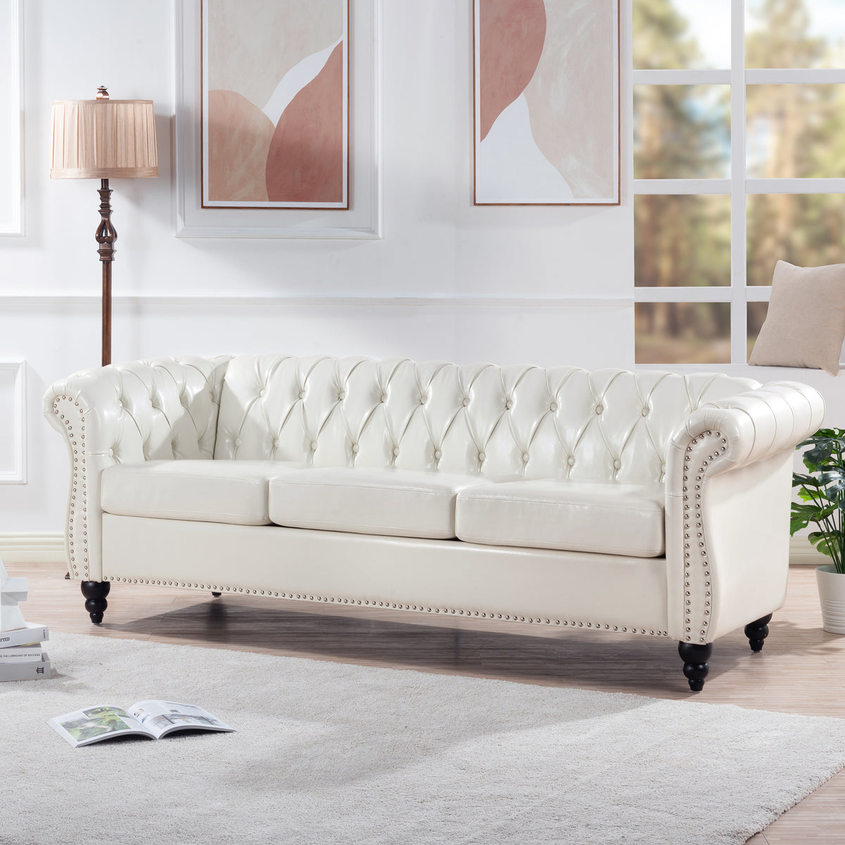 84.65" Rolled Arm Chesterfield 3 Seater Sofa White Foam Pu