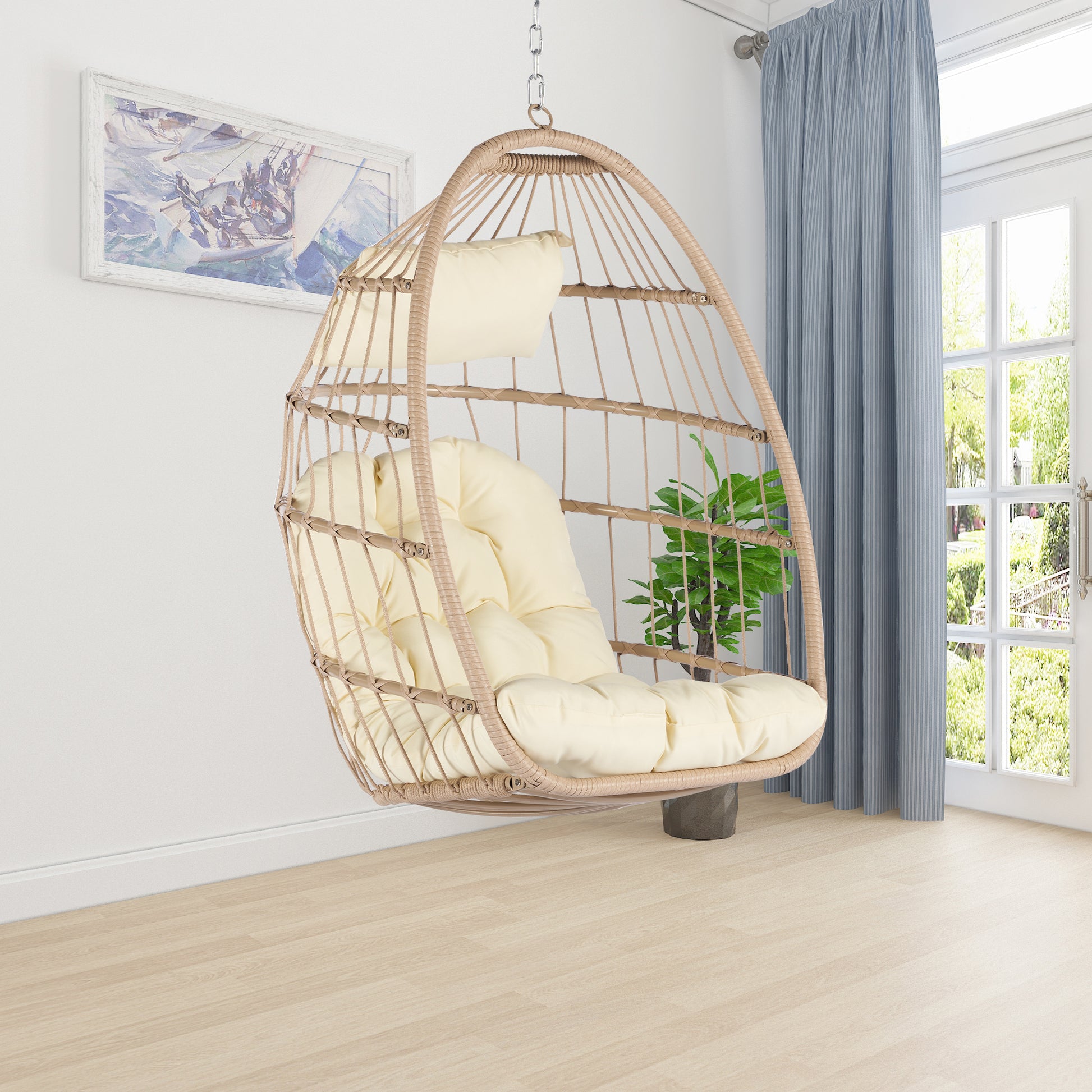 Outdoor Garden Rattan Egg Swing Chair Hanging Chair Wood Khaki Yes Sectional Khaki Uv Resistant Frame Water Resistant Cushion Garden & Outdoor American Design Complete Patio Sets Polypropylene