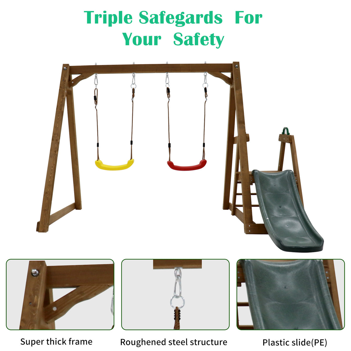 Wood Swing Set For Backyard, 2 In 1 Outdoor Swing Set With Slide, Climbing Rope Ladder Kids Backyard Playset Natural Solid Wood