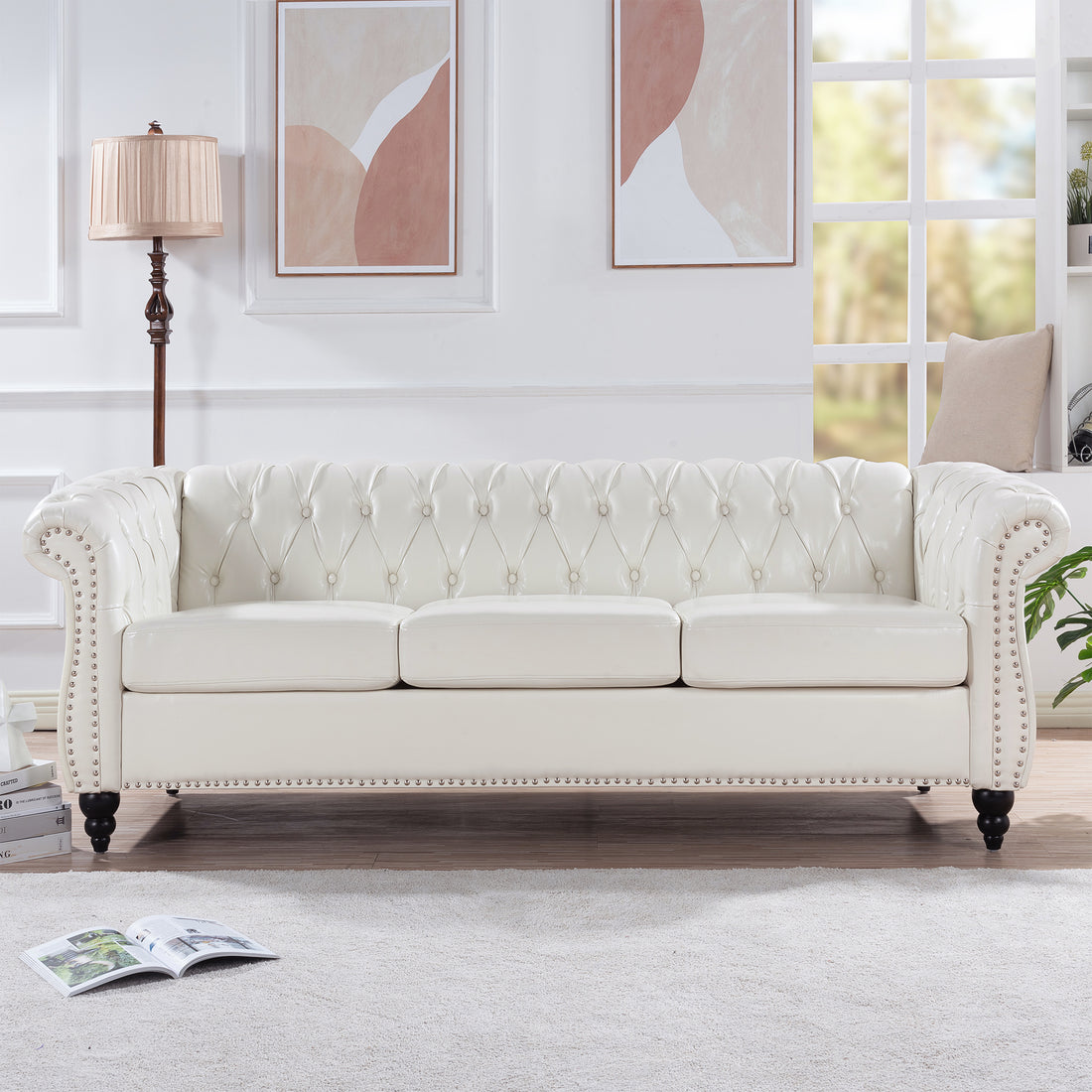 84.65" Rolled Arm Chesterfield 3 Seater Sofa White Foam Pu