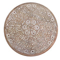 Mesh Cut Out Carved Mango Wood Octagonal Folding Table With Round Top, Antique White And Brown Brown White Solid Wood
