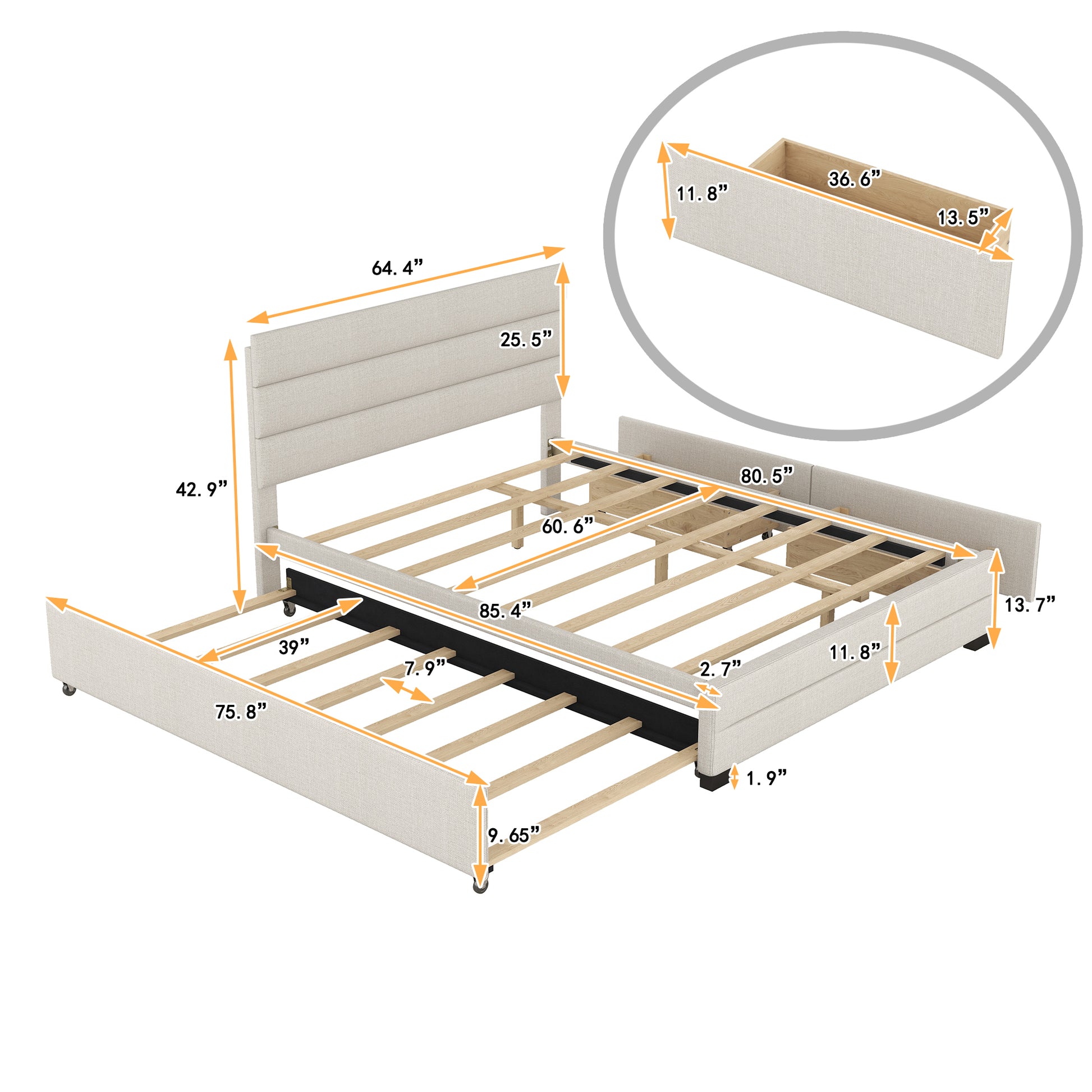 Queen Upholstered Platform Bed With Twin Size Trundle And Two Drawers, Beige Queen Beige Upholstered