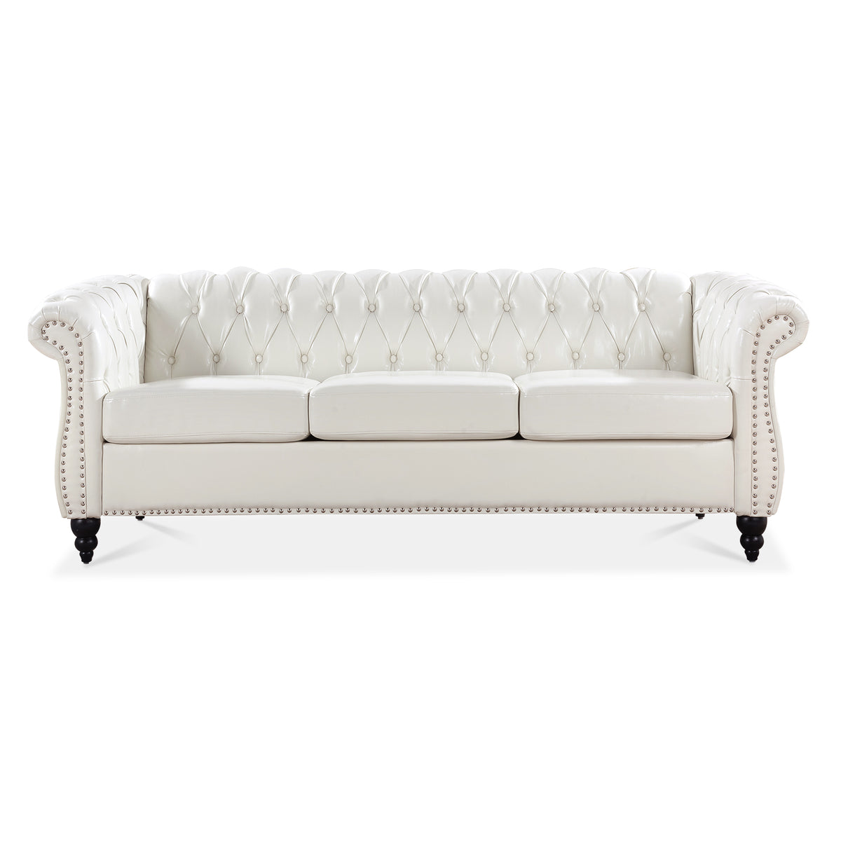 84.65" Rolled Arm Chesterfield 3 Seater Sofa White Foam Pu