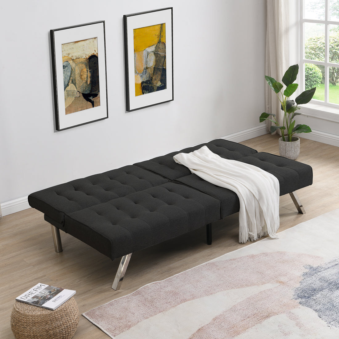 Wood Frame, Stainless Leg, Futon, Sofa Bed Black Black Fabric 2 Seat