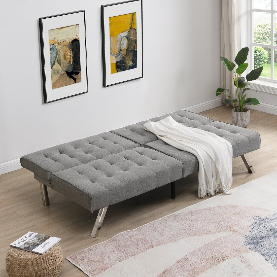 Wood Frame, Stainless Leg, Futon, Sofa Bed Grey Grey Fabric