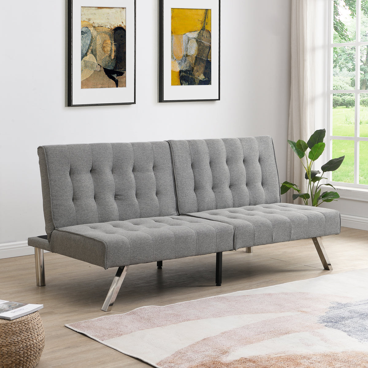 Wood Frame, Stainless Leg, Futon, Sofa Bed Grey Grey Fabric