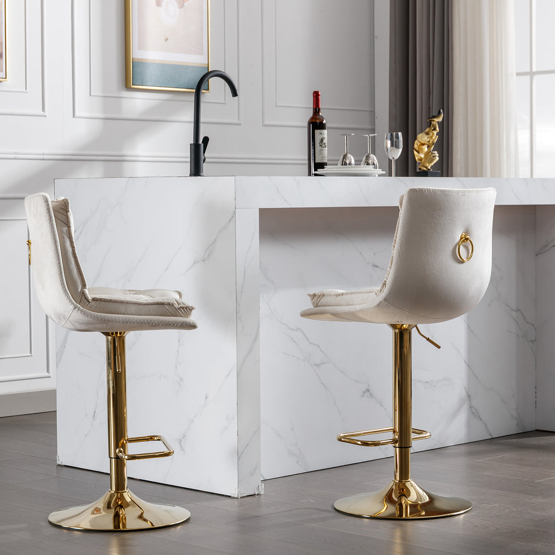 Set Of 2 Bar Stools,With Chrome Footrest And Base Swivel Height Adjustable Mechanical Lifting Velvet Golden Leg Simple Bar Stoo,Cream Cream Foam Fabric