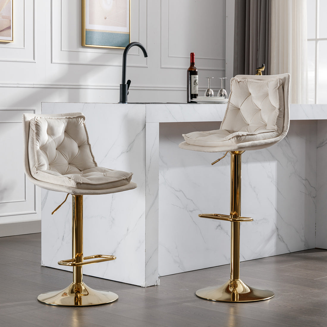 Set Of 2 Bar Stools,With Chrome Footrest And Base Swivel Height Adjustable Mechanical Lifting Velvet Golden Leg Simple Bar Stoo,Cream Cream Foam Fabric