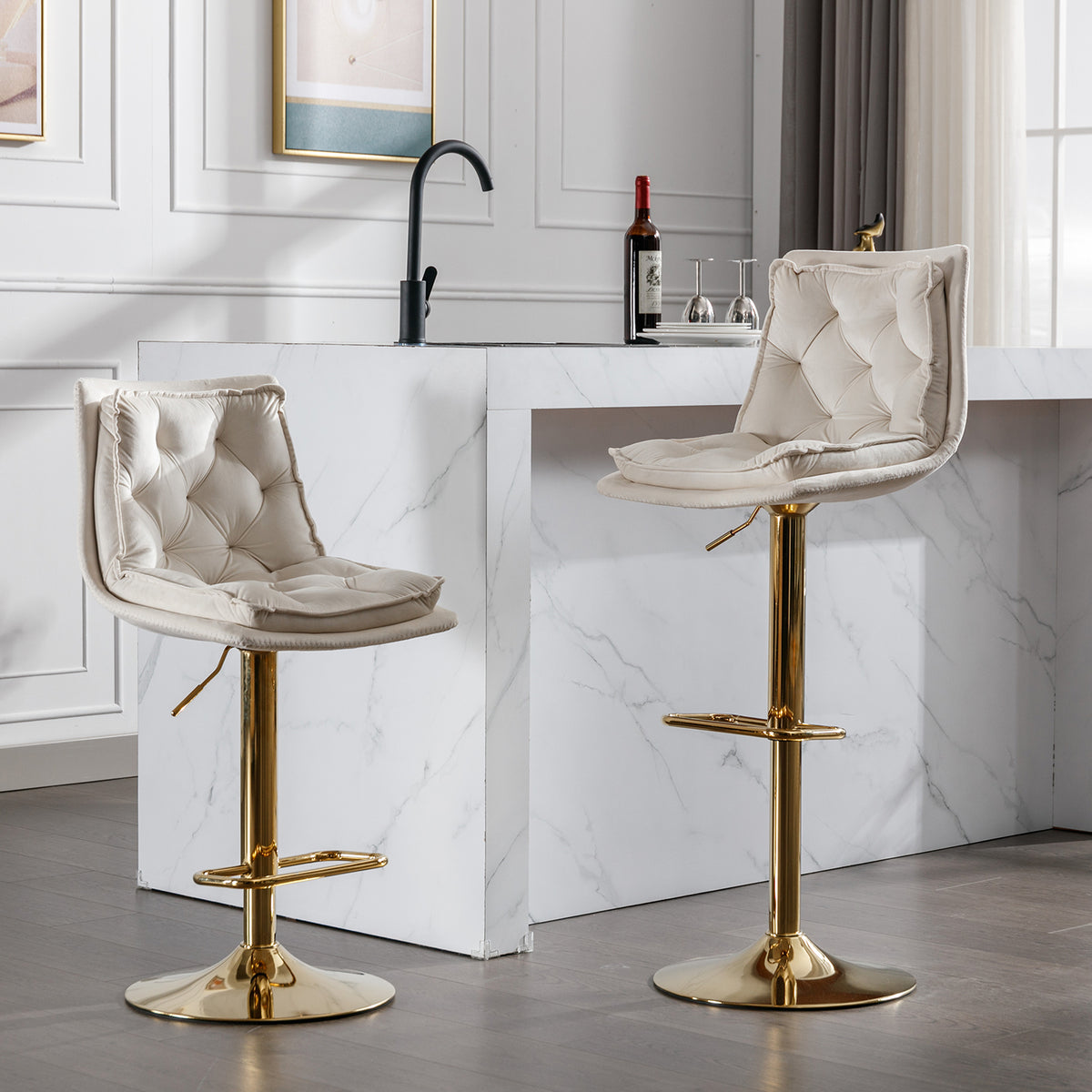 Set Of 2 Bar Stools,With Chrome Footrest And Base Swivel Height Adjustable Mechanical Lifting Velvet Golden Leg Simple Bar Stoo,Cream Cream Foam Fabric
