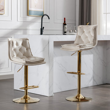 Set Of 2 Bar Stools,With Chrome Footrest And Base Swivel Height Adjustable Mechanical Lifting Velvet Golden Leg Simple Bar Stoo,Cream Cream Foam Fabric