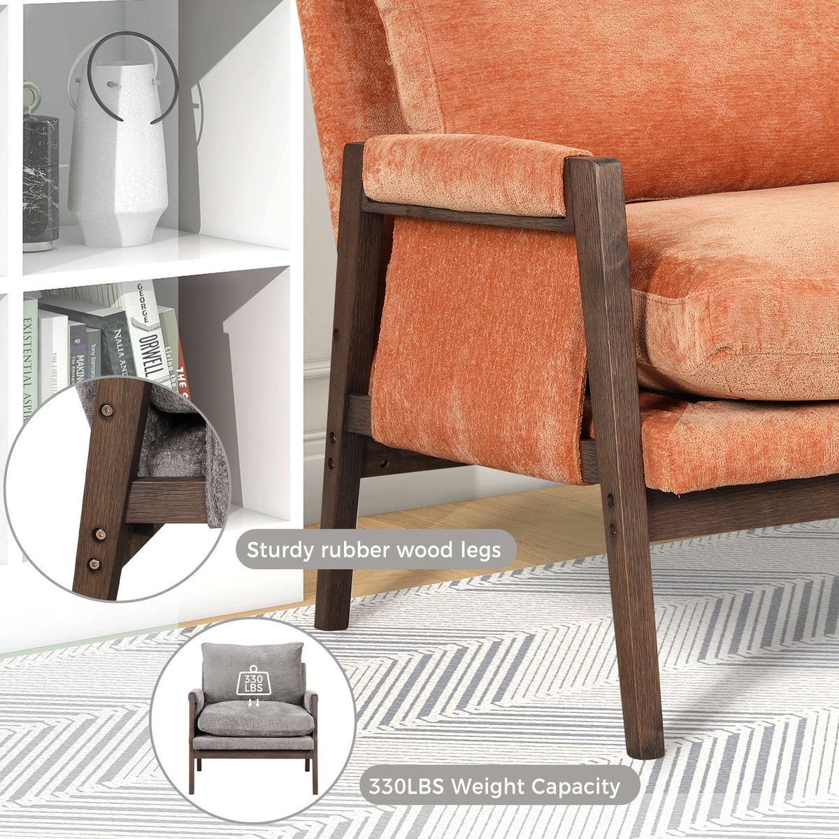 Mid Century Modern Velvet Accent Chair,Leisure Chair With Solid Wood And Thick Seat Cushion For Living Room,Bedroom,Studio,Orange Orange Foam Velvet