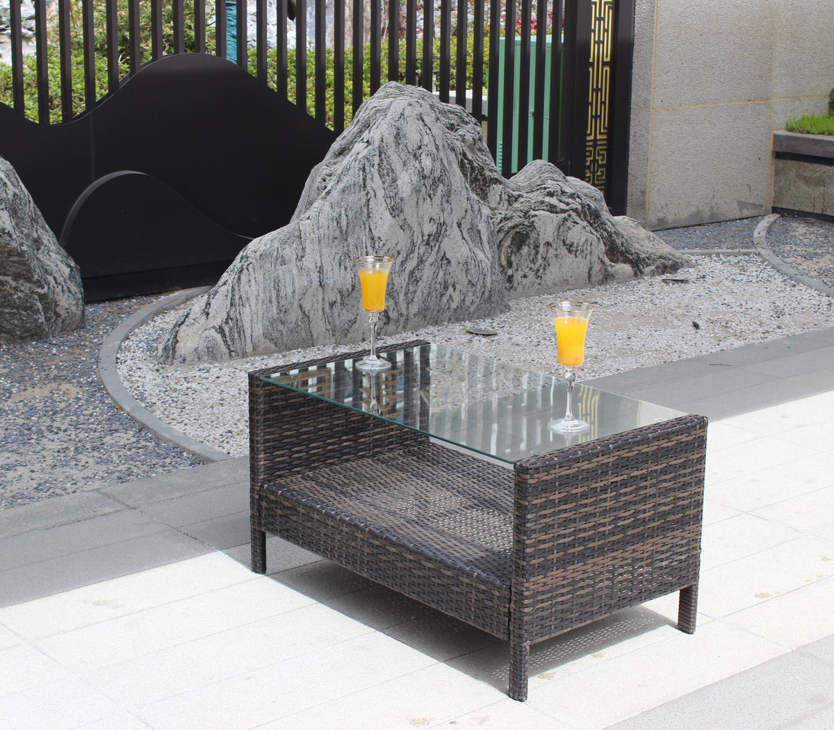 Outdoor Patio Furniture Coffee Table With Clear Tempered Glass Brown Iron
