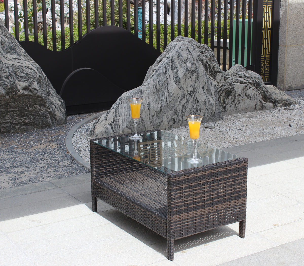 Outdoor Patio Furniture Coffee Table With Clear Tempered Glass Brown Iron