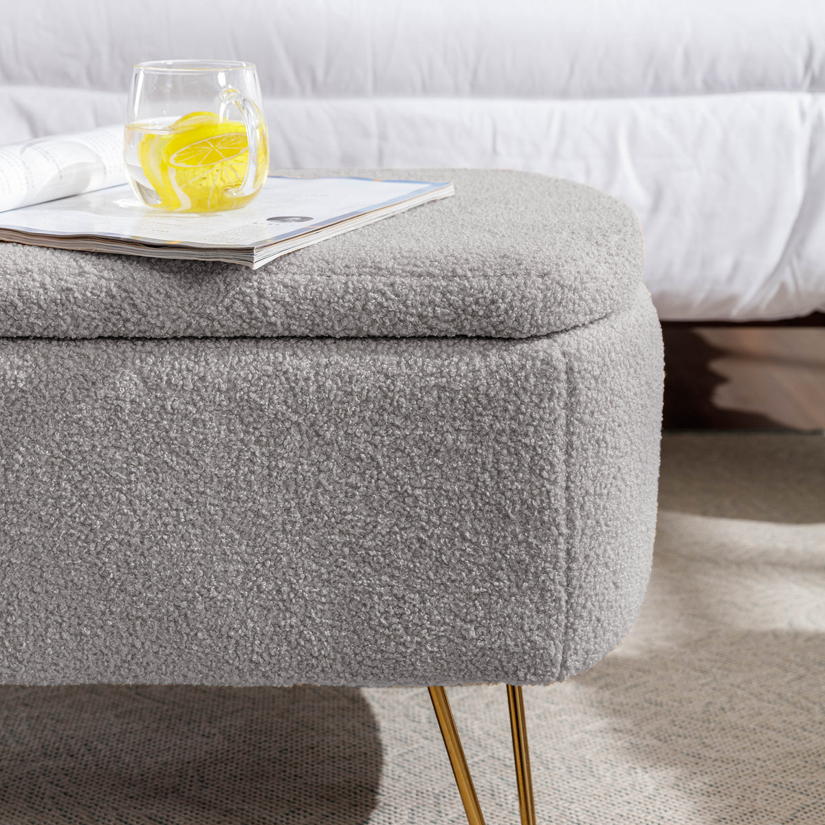 Grey Storage Ottoman Bench For End Of Bed Gold Legs, Modern Grey Faux Fur Entryway Bench Upholstered Padded With Storage For Living Room Bedroom Grey Faux Fur