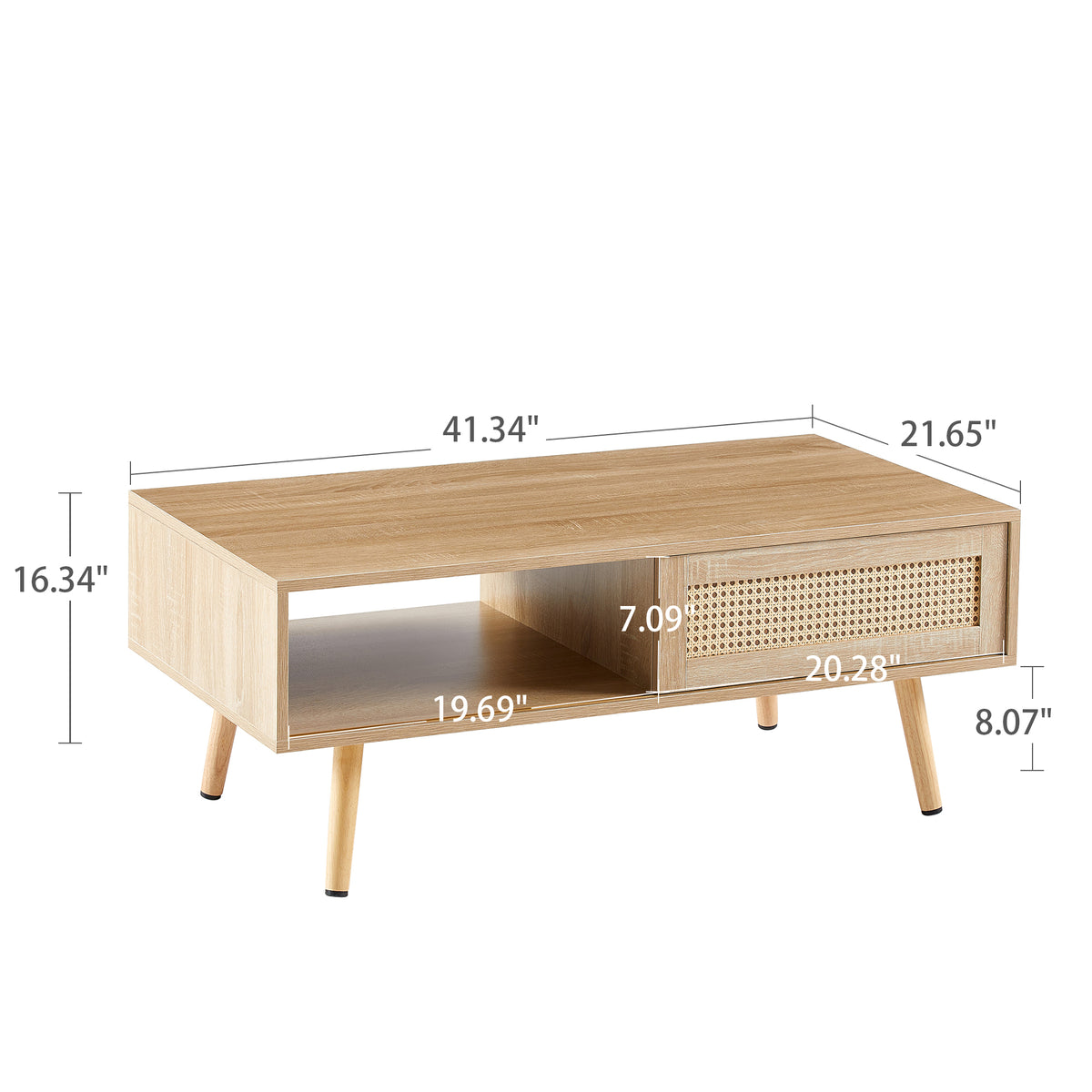 41.34" Rattan Coffee Table, Sliding Door For Storage, Solid Wood Legs, Modern Table For Living Roomnatural Natural Solid Wood Mdf