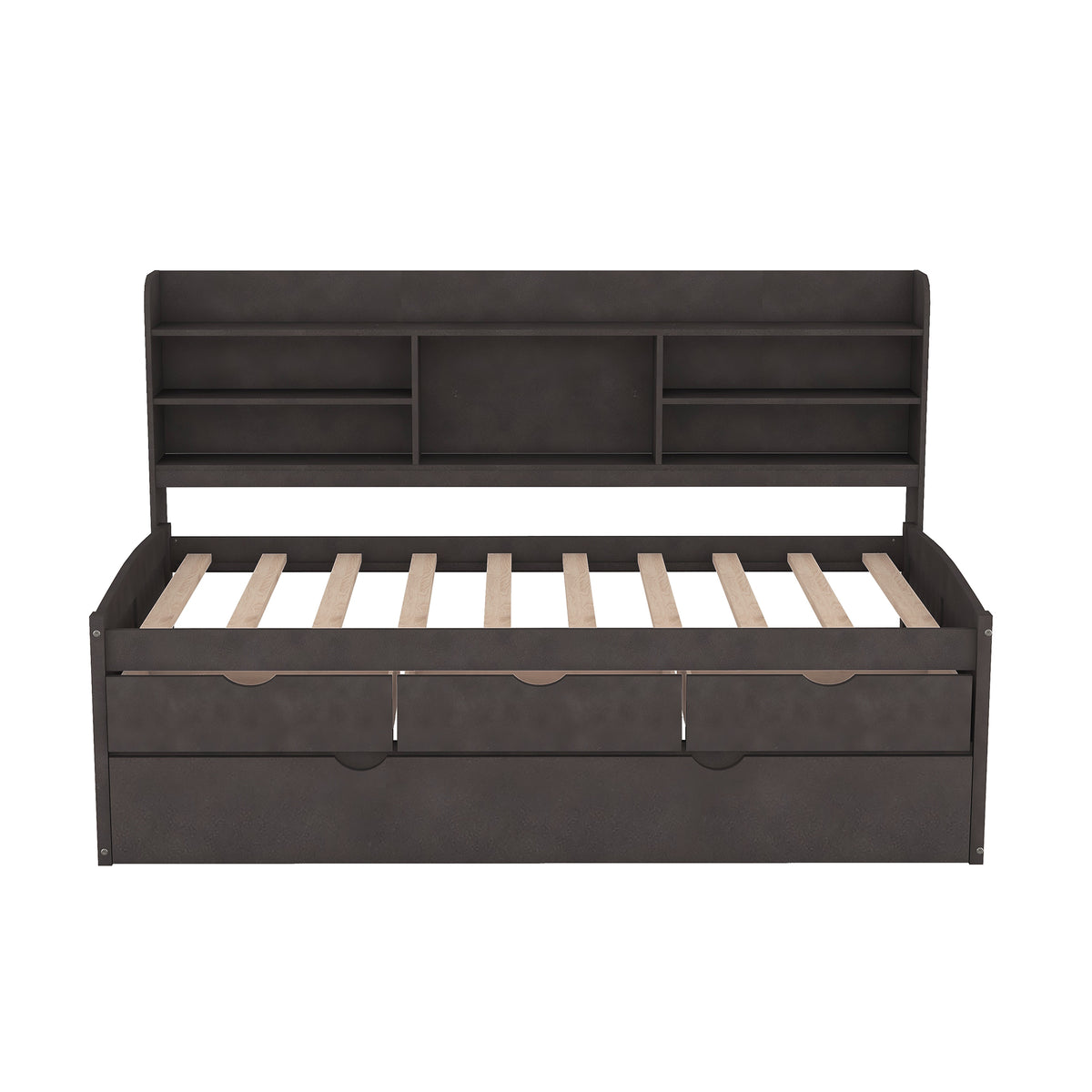 Twin Size Wooden Captain Bed With Built In Bookshelves,Three Storage Drawers And Trundle,Antique Gray Antique Gray Pine