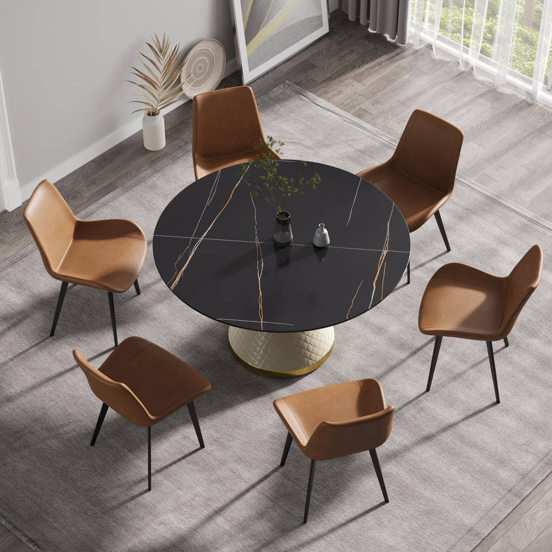 53.15"Modern Artificial Stone Round White Carbon Steel Base Dining Table Can Accommodate 6 People Black Metal Sintered Stone