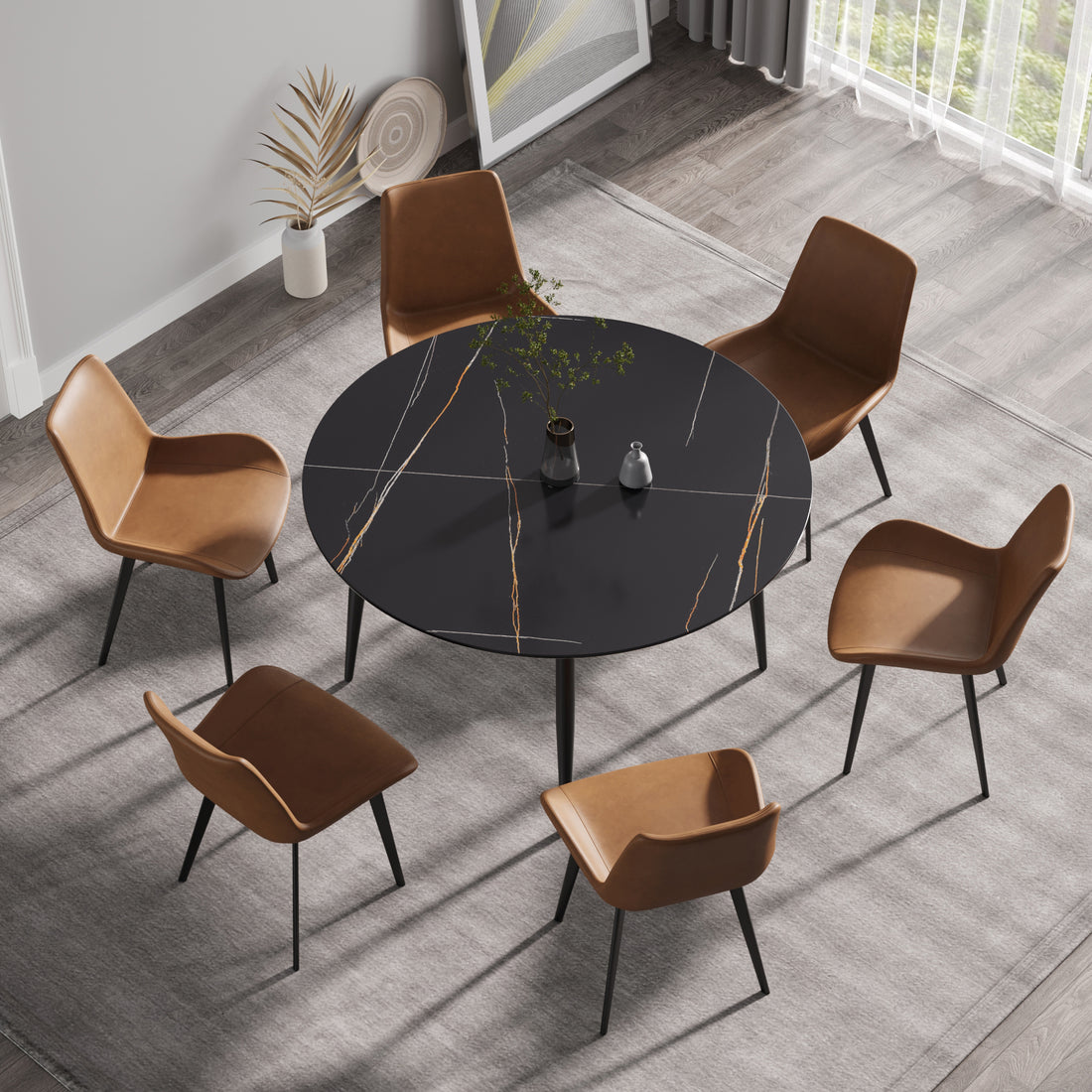 53.15 " Modern Artificial Stone Black Round Dining Table With Black Metal Legs Can Accommodate 6 People. Black Metal Sintered Stone